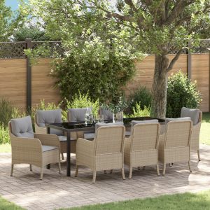 vidaXL 9-delige tuinset met kussens in beige poly rattan