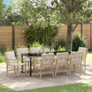 vidaXL 9-delige tuinset met kussens in beige poly rattan