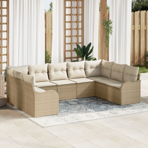 vidaXL 9-delige tuinset met kussens in beige poly riet