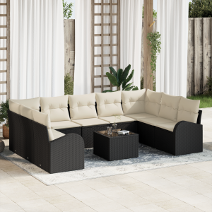 vidaXL Bankstel met kussen 10 pcs Zwart Poly Rattan