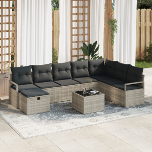vidaXL Bankstel met kussen met opslag 9 pcs Lichtgrijs poly rattan