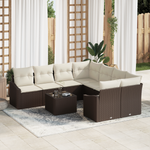 vidaXL Bankstel met kussen met opslag 9 pcs Bruin en Crème poly rattan