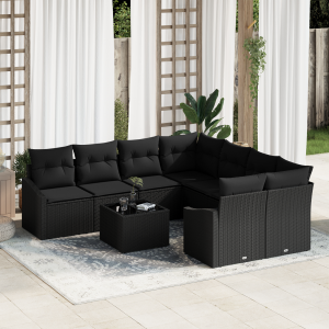 vidaXL Bankstel met kussen met opslag 9 pcs Zwart poly rattan