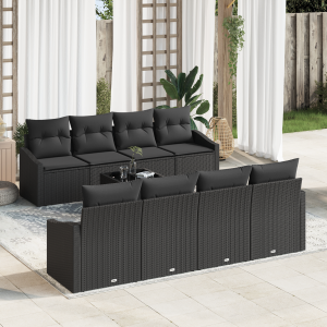 vidaXL Bankstel met kussen met kussen 9 pcs Zwart poly rattan