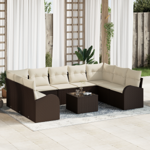 vidaXL Bankstel met kussen 10 pcs Bruin Poly Rattan
