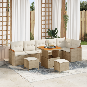 vidaXL 9-delige tuinsofa set met kussens in beige poly rattan en acacia