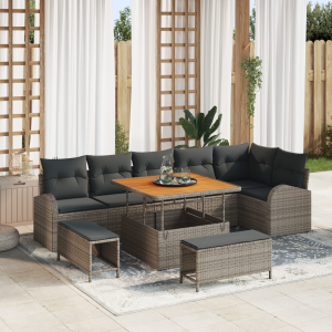 vidaXL 9-delige tuinsofa set met kussens in het grijs van poly rattan en acaciahout