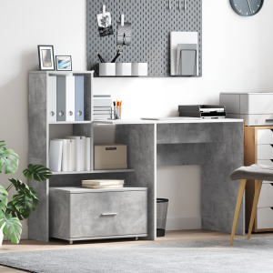vidaXL Bureau met lade met plank met opslag Betongrijs 131,5 x 50 x 106,5 cm Bewerkt hout