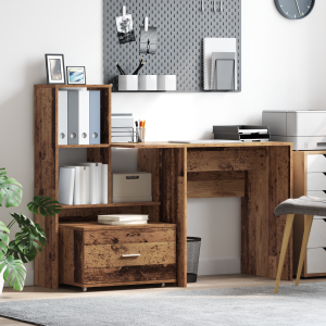 vidaXL Bureau met lade met plank met opslag Oud hout 131,5 x 50 x 106,5 cm Bewerkt hout