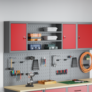 vidaXL Gereedschapskast wandmontage pegboard 150x20x55 cm staal rood