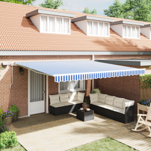 vidaXL Inklapbaar Zonnescherm Blauw en wit 4.5 x 3 m Stof en metaal