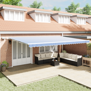 vidaXL Inklapbaar Zonnescherm Blauw en wit 6 x 3 m Stof en metaal