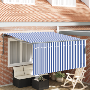 vidaXL Inklapbaar Zonnescherm Blauw en Wit Gestreept 350 x 250 cm Stof