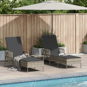 vidaXL Ligbedden 2 stuks met Kussens en Tafel Lichtgrijs Poly Rattan