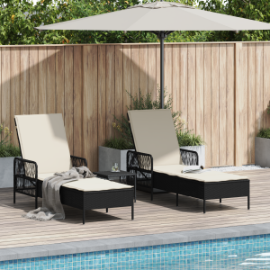 vidaXL Ligbedden 2 stuks met kussens en tafel zwart poly rattan