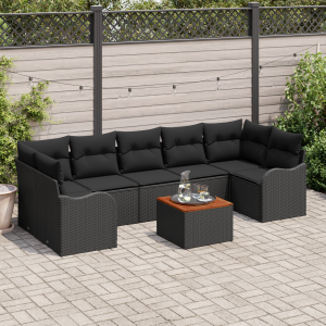 vidaXL Set van 8 Tuinbanken met Kussens - Zwart Poly Rattan en Acacia