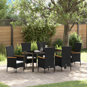 vidaXL Tuin eettafelset met kussen 7 pcs Zwart Gepoedercoat staal