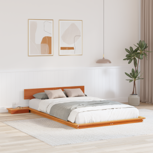 vidaXL Vloerbedframe met Nachtkastjes Gewaxte Bruin 135x190cm Massief Hout