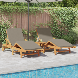 vidaXL Zonnebedden 2 stuks met Kussens en Tafel Taupe Massief Acaciahout