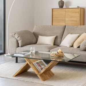 Kave Home Salontafel 'Waley' Eiken met glasplaat, 120 x 70cm