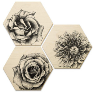 Wall-Art Meerdelige artprint Hexagon artprints op hout bloemen set (set, 3-delig)