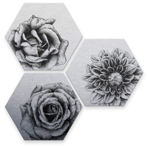 Wall-Art Meerdelige artprint Zilvereffect bloemen set (set, 3-delig)