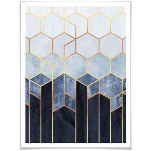 Wall-Art Poster Hexagon blauw wit Poster zonder lijst (1 stuk)
