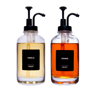 XIVADA Siroopfles - Met pompje zwart - Glas - 500 ML - Set van 2 - Met zwarte labels