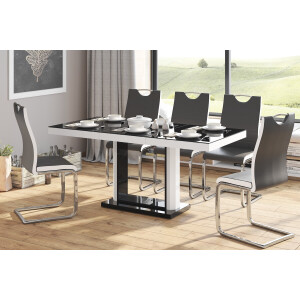 Uitschuifbare eettafel Quadro 120 tot 168 cm breed in hoogglans zwart met wit