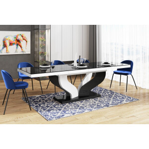 Uitschuifbare eettafel Viva 160 tot 256 cm breed in hoogglans zwart met wit