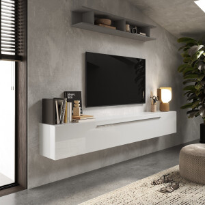 Zwevend Tv-meubel Mexy 210 cm breed hoogglans wit