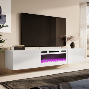 Zwevend Tv-meubel Slide 200 cm breed hoogglans wit met wit sfeerhaard